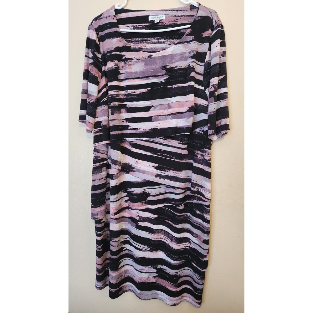 NorthStyle Women 18W Abstract‎ Brushstroke Tiered Layered Midi Dress Mauve Black
